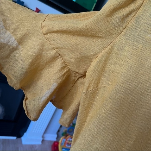 Old Navy Yellow Linen Blend Wrap Front 3/4 Flutter Ruffle Sleeve Wrap Top M Tall - Picture 9 of 10